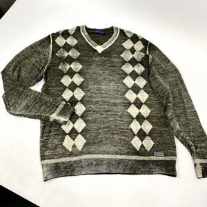 Trussardi Italian V-Neck  Light Weight Argyle Sweater Slim Fit Gray XL